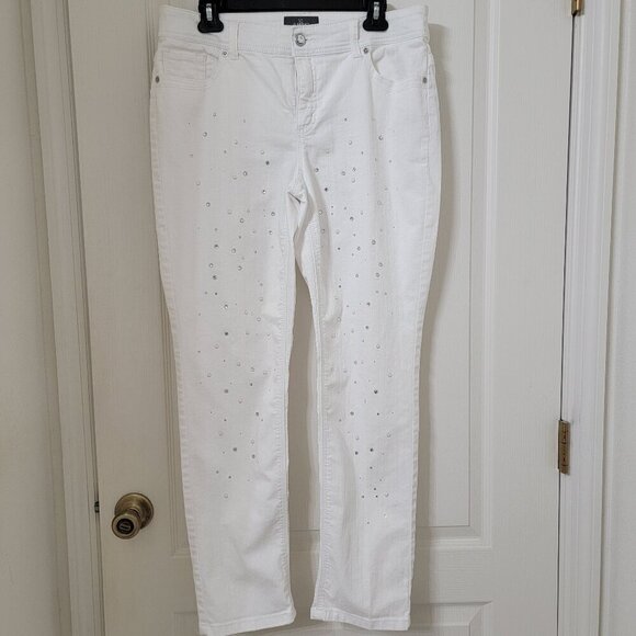 Chico's Size 1 Slimming Ankle White Rhinestone and Pearl Front Jeans Gently Used - Picture 1 of 16